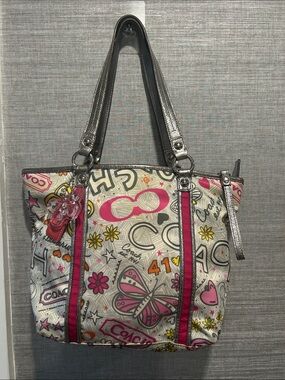 COACH Multicolor Graphic Butterfly Tote with Pink Accents